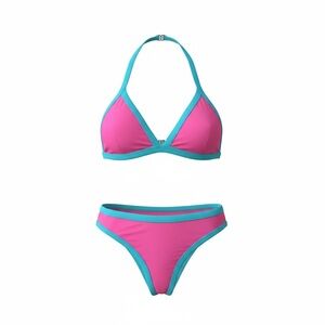 EUC Pink & Teal Contrast Trim Bikini Set XS Halter Colorblock Swimsuit